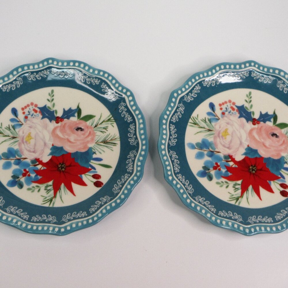 Pioneer Woman Christmas Appetizer Plates Holiday Wishful Winter 6.5" Teal Lot 2